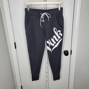 Victoria's Secret Pink Lace Up Shoestring Logo Joggers Dark Gray White Medium